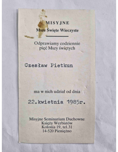 Obrazek święty Kielich i Krzyż 1985 Pieniężno...