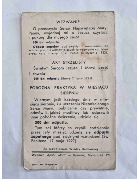 Obrazek święty Słodkie Serce Maryi Odpust 1927