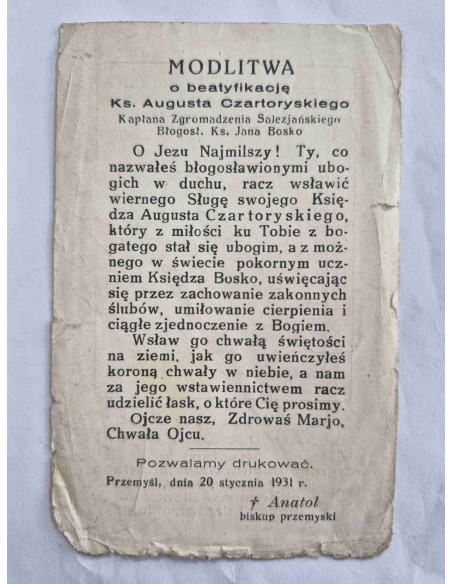 Obrazek święty Błogosławiony Ks. August Czartoryski 1931 Przemyśl Modlitwa o beatyfikację