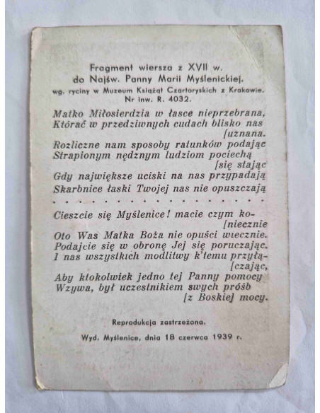 Obrazek święty Cudowny obraz Matki Boskiej Myślenickiej 1939