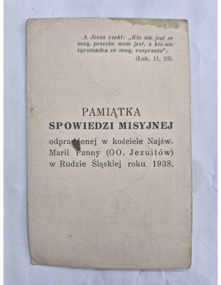Obrazek święty Święty Alfons Rodriguez 1938 Pamiątka Spowiedzi Misyjnej Ruda Śląska